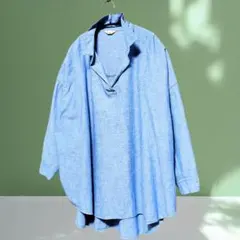 サマンサモスモス 麻 リネン混 シャツ F 七分袖 ブルー ゆったり スキッパー