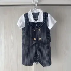 セレモニースーツ風前開きロンパース 黒白ストライプ
