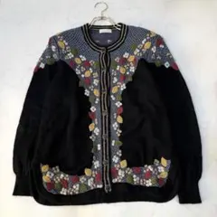 ヴィンテージ ウール カーディガン 花柄 立体編み 刺繍 ブラック