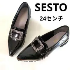 【美品】SESTO セスト ビジュー ローファー 厚底 エナメル 黒 24cm