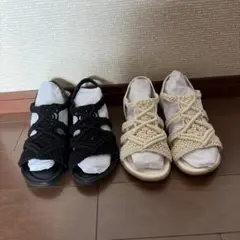 エルプラネット　マクラメ編み サンダル ブラック＆アイボリー 2足セットのサムネイル