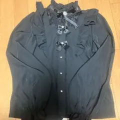 地雷系　黒のフリルリボン長袖ブラウス