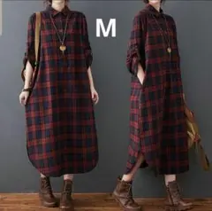 M　赤チェック　レディース　ロングワンピース　レッド　カジュアル　女性服　普段着