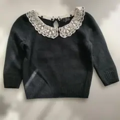 レース襟付き長袖ニット　ブラック