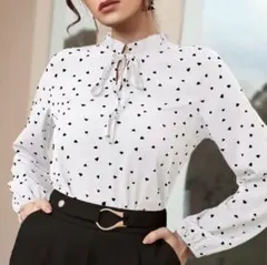 新品 SHEIN ハート柄ブラウス L ホワイト フリル タイネック 完売 韓国