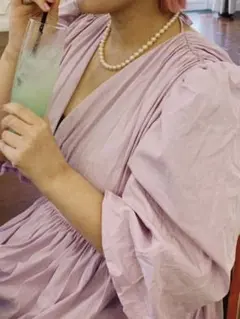 薄紫 Vネック マキシドレス　オケージョンドレス