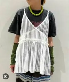 Ray BEAMSストライプメッシュギャザー キャミソールホワイト白レイビームスのサムネイル