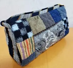 ハンドメイド　古布やかすりのパッチワークポーチ