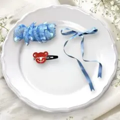 レースバレッタ&リボンとクマ型ヘアクリップのセット　ブルー　赤