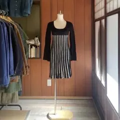 ストライプ切替 ニットワンピース ブラック×ホワイト 長袖 モード 古着