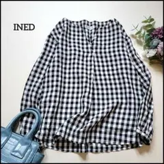 イネド●サッカー生地♪スキッパー襟ギンガムチェック柄ゆったりぽわん袖ブラウス
