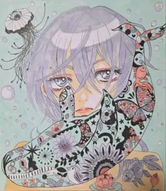 オリジナル手描きイラスト 人魚 マーメイド コピック 色紙 アナログ