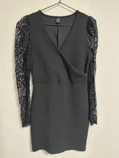 キャバドレス　ブラックレース袖ラップドレス ミニ丈