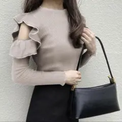 配色フリルオープンショルダーニットトップス[dr342]