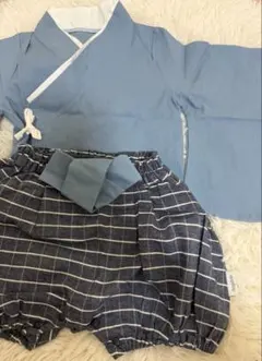 青い着物スタイル ストライプパンツ付き70㎝