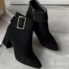 ショートブーツ スクエアヒール ポインテッドトゥ太めヒール サイドファスナー付き