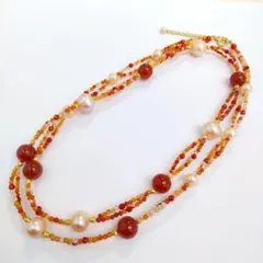 新品 赤メノウ 淡水パール 大珠 ロングネックレス 最大約11mm