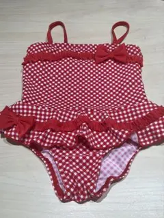 ベビー水着 女の子 90cm ワンピース フリル リボン 赤チェック