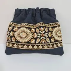 バネ口ポーチ（12㎝）　インド刺繍リボン×デニム　ハンドメイド