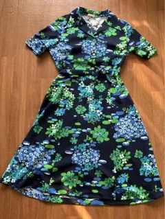 昭和レトロ 古着 ヴィンテージ 紫陽花柄ワンピース ネイビー グリーン ブルー