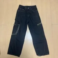 レオパード柄ポケット ダークデニム ワイドパンツ