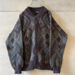 ヨーロッパ古着 総柄ニットカーディガン レトロ配色