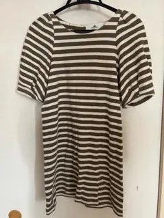 Kaon ボーダー半袖　膝丈ワンピース ベージュ×カーキ