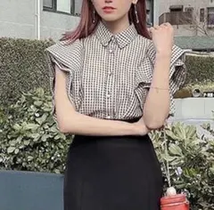 ラッフルパフシアーギンガムブラウス （BLACK）