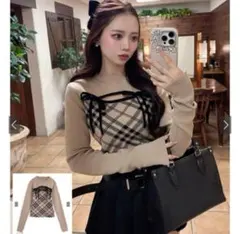 GRL チェック柄フロントオープンリボンニットトップス 【ru1374】