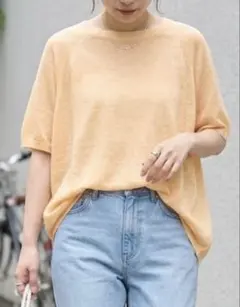 BR リネン混 Lサイズ 半袖サマーニット ライトオレンジ ゆったり 透け感