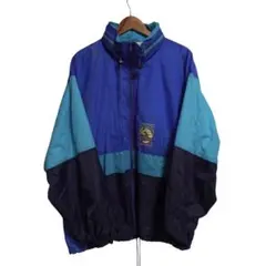 90s風 ナイロンジャケット ブルー系 フード収納付き オーバーサイズ 古着
