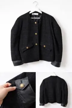 ZARA ノーカラージャケット ブラック　ツイード