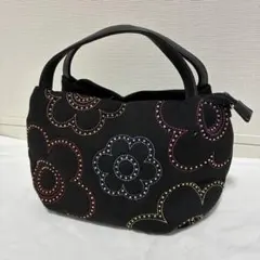美品　黒　ハンドバッグ　花柄刺繍　ラメ