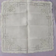 【未使用】スワトウ（汕頭）手刺繍ハンカチ 幾何学模様 アンティークレース