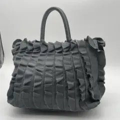 美品】プラダ ハンドバッグ ギャザー フリル テスートナイロン グレー 