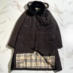 美品！バーバリーロンドンダウンコートノバチェックラビットファーフード着脱可 44