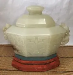 【希少品】中国古美術/清乾隆 和田白玉饕餮紋雙螭龍耳香炉