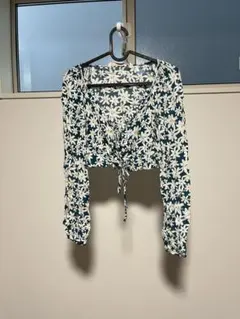 花柄クロップドシャツ 長袖 ダークグリーン