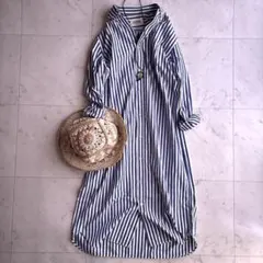 ビームスボーイ ストライプロングシャツワンピース F 青白 定価1.84万円