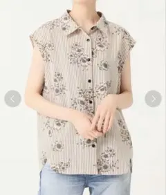 【イエナ】ストライプフラワー　ノースリーブ シャツブラウス　ベージュ