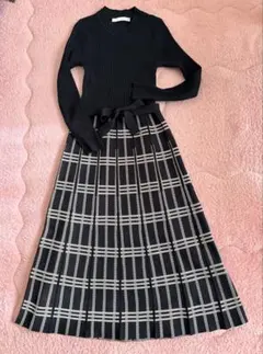 Bou Jeloud ニットワンピース 長袖 チェック柄 黒白