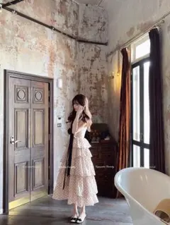 タグ付き　CreamySweet ドット柄フリルノースリーブワンピース ピンク