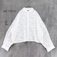 ABI TOKYO /シアーシャツ/花柄ジャガード/L/バンドカラー/白/羽織りのサムネイル