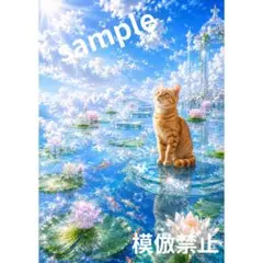 青空へ浮かぶ睡蓮池 希望を映す茶トラ猫　デジタルアート　A4 ネコ　インテリアのサムネイル