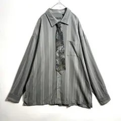 ネクタイシャツ ライト グリーン ストライプ 長袖シャツ ネクタイ シルク 古着