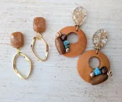 【ss52】カボションのウッドビーズフープピアスセット