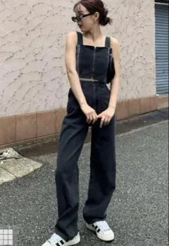 グレイル　バイカラービスチェ×ワイドパンツデニムセットアップ