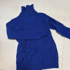 青のリブ編みタートルネックセーター L
