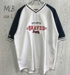 MLB☆刺繍ロゴ　ゲームシャツ　メジャー　XL 半袖　野球　古着 白のサムネイル