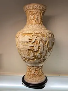 堆朱銅胎飾り花瓶　中国美術　山水楼閣　花鳥唐草　花瓶　骨董品　説明文必読